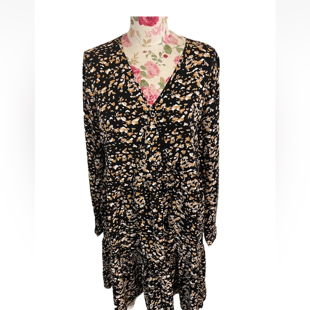 Molly Bracken Womens Long Sleeve Floaty Dress Lined Black Yellow White Pattern L